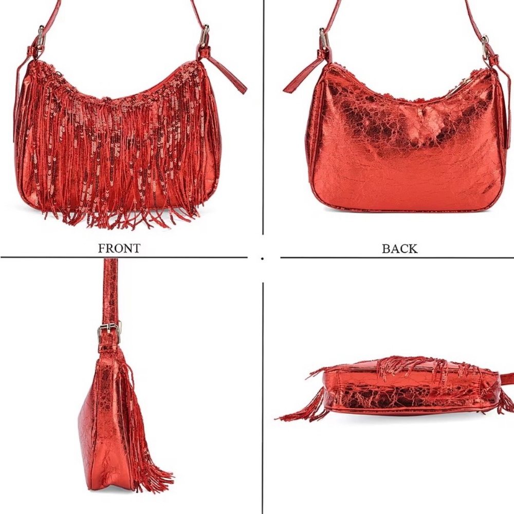 Red Sequin Fringe Shoulder Bag New - Picture 4 of 7